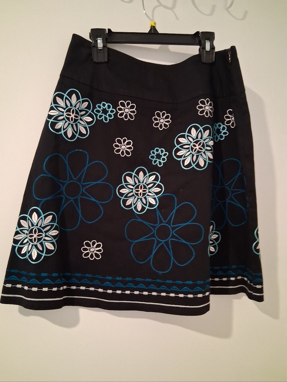 Heart Soul Black Floral Embroidered A-Line Skirt - Blue & White Accents